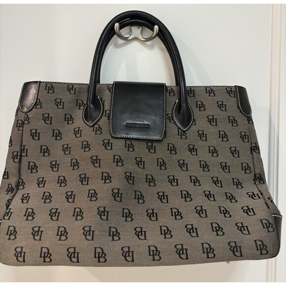Dooney & Bourke Purse Canvas Medium Handbag Black Logo Canvas Print Tote - Picture 2 of 16